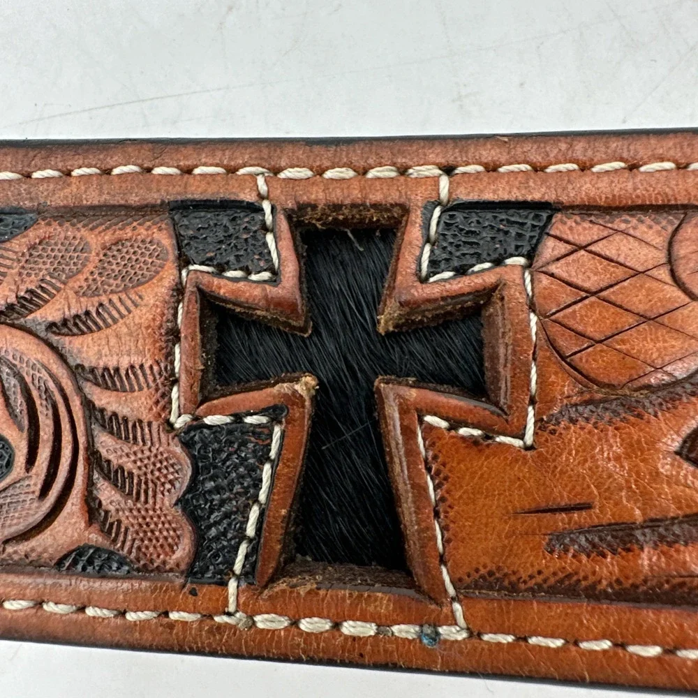 3D Genuine Hand Tooled Leather Cowhide Hair On Cross Western Belt Size 34